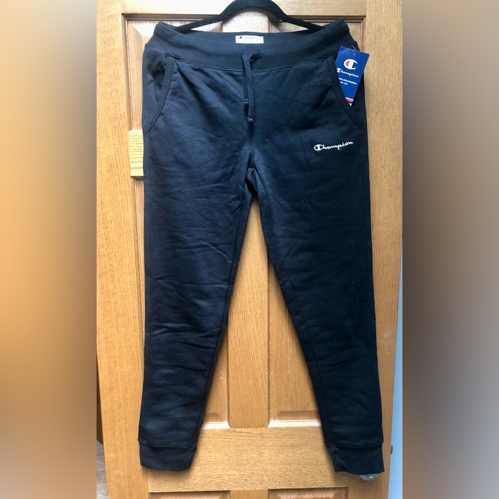 Champion black joggers with white lettering size small NWT